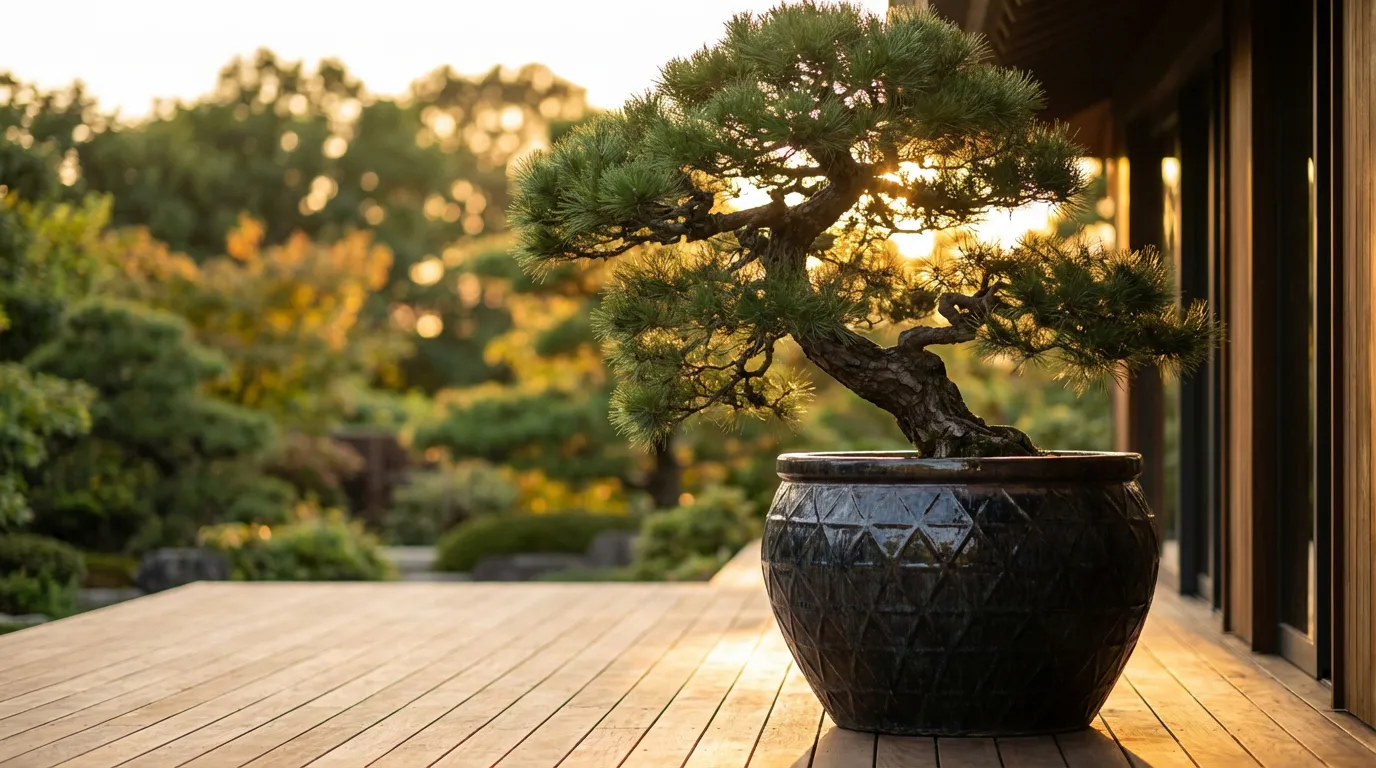 Magnifique pin blanc japonais en pot sur une terrasse en bois moderne au coucher du soleil