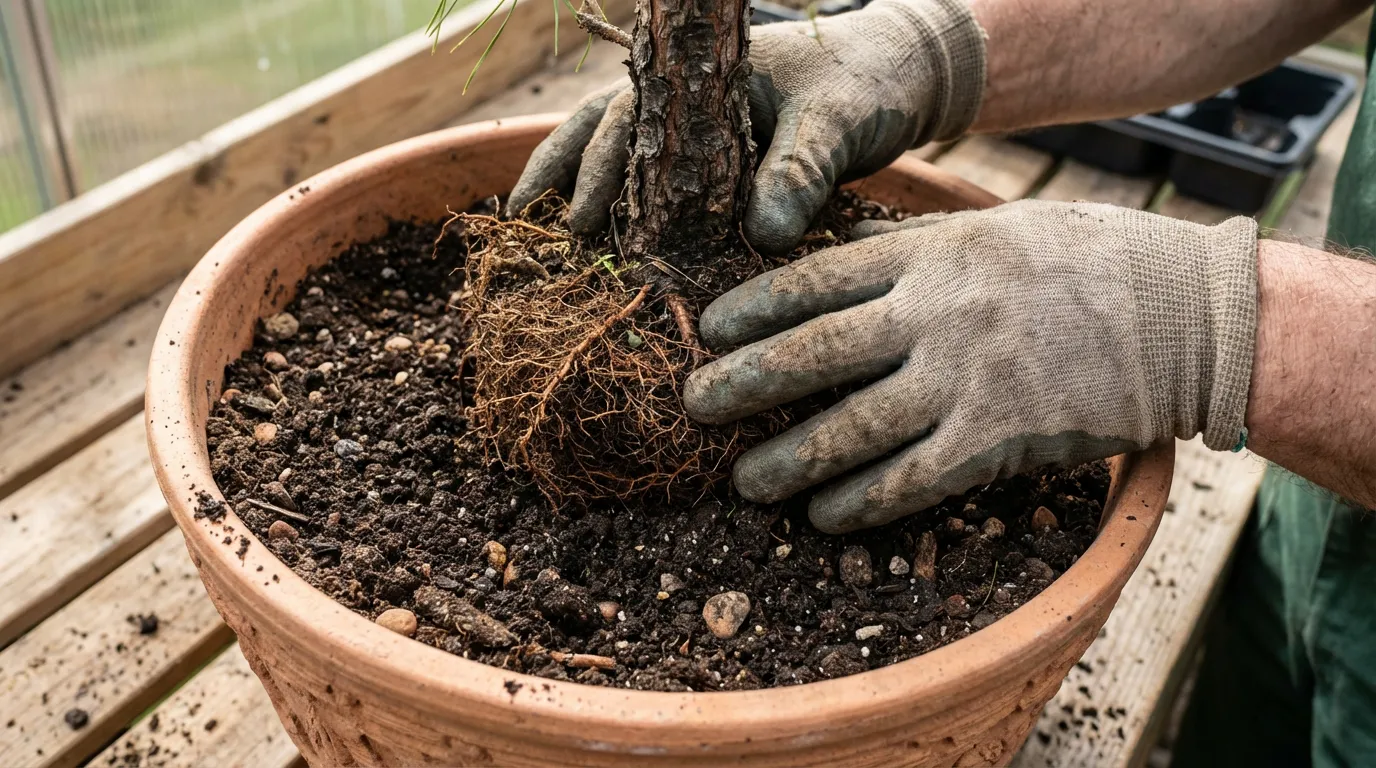 Mains de jardinier plantant un jeune pin dans du terreau frais étape par étape