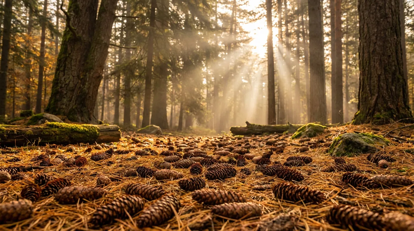 Forêt de pins en automne avec le sol couvert de pommes de pin prêtes à la récolte