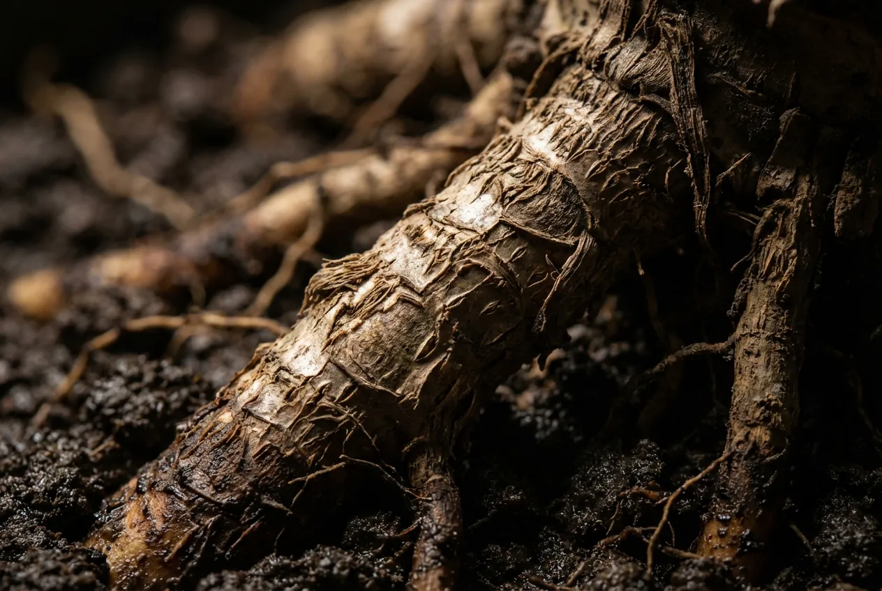Gros plan détaillé sur le rhizome et les racines d'un bananier dans la terre