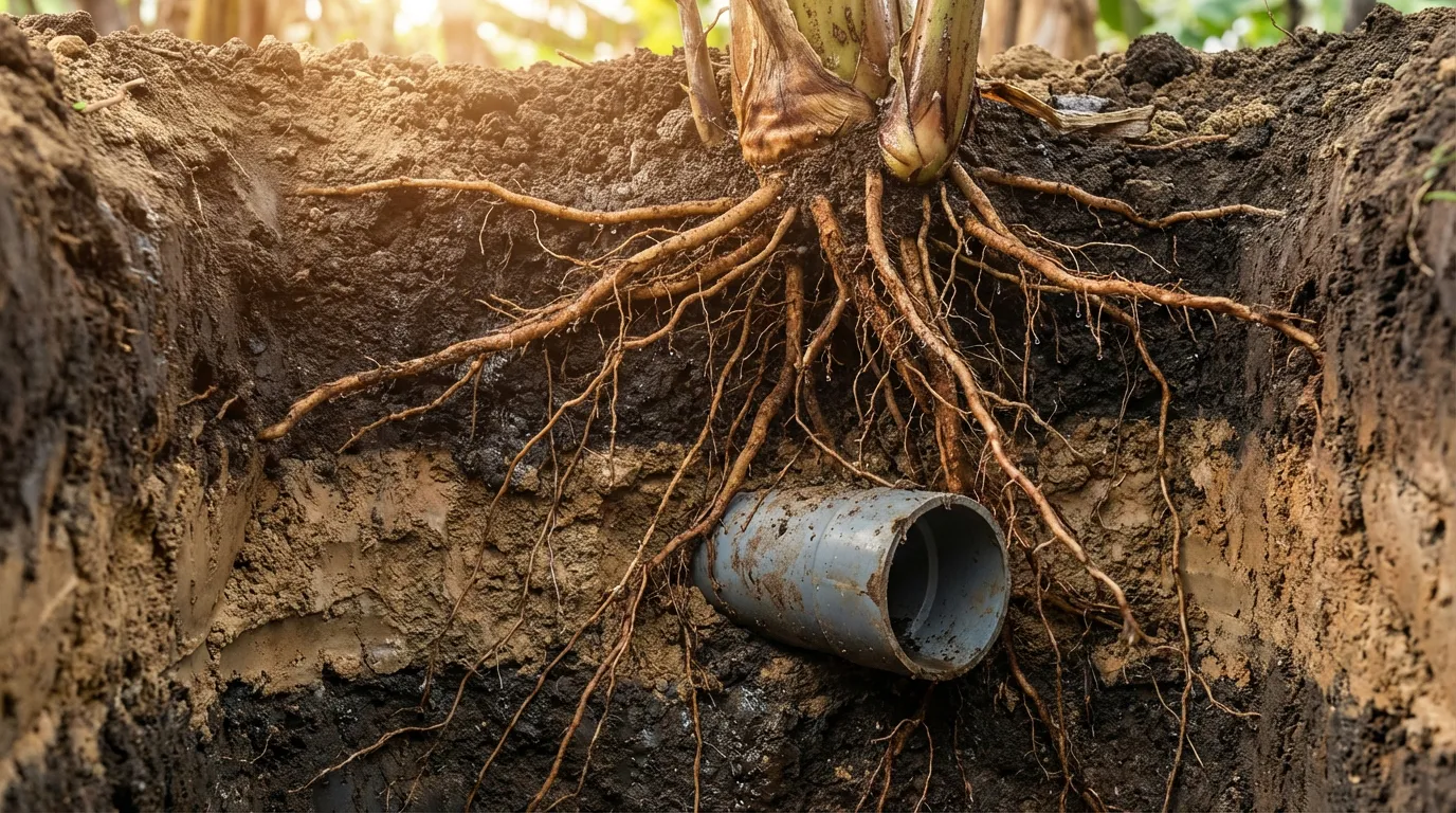 Vue en coupe du sol montrant les racines de bananier s'approchant d'une canalisation