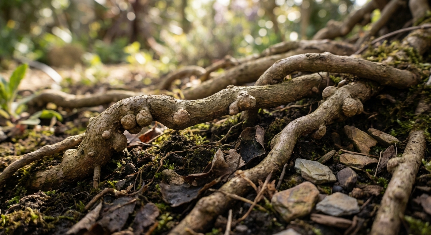 Détail macro des racines de glycine et de leurs nodosités se développant parmi les pierres du jardin.