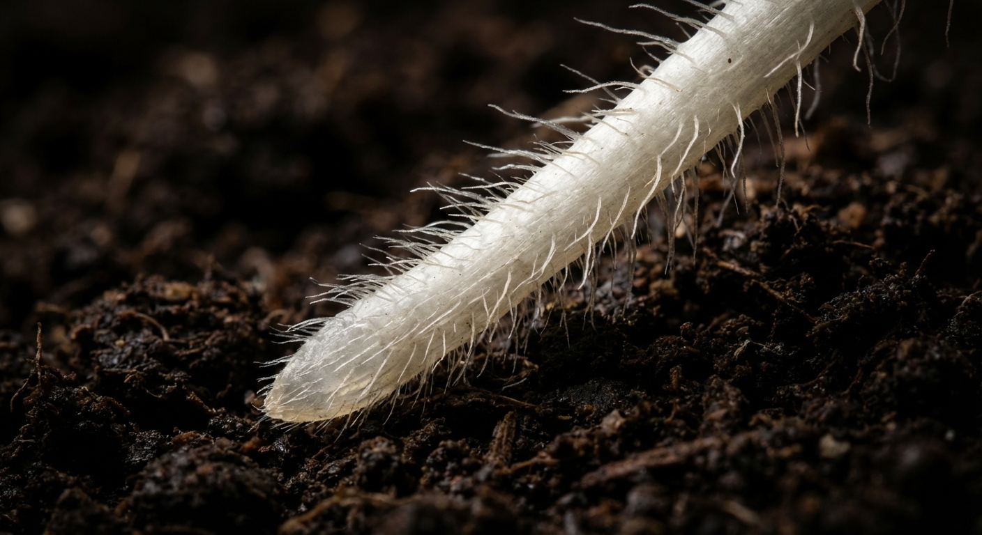 Gérer le développement de la racine de glycine au jardin Gros plan détaillé de l'extrémité d'une racine de glycine dans une terre sombre et fertile.
