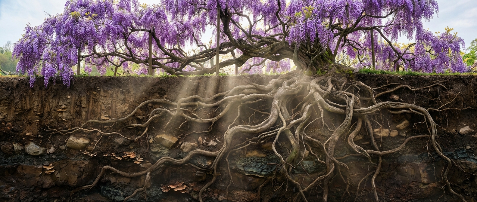 Vue en coupe cinématique d'une glycine montrant ses racines puissantes s'enfonçant dans le sol sous ses fleurs violettes.