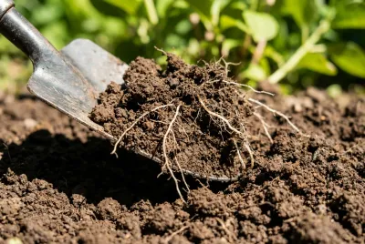 Gros plan sur une truelle de jardinage travaillant la terre autour des racines d'un hortensia.