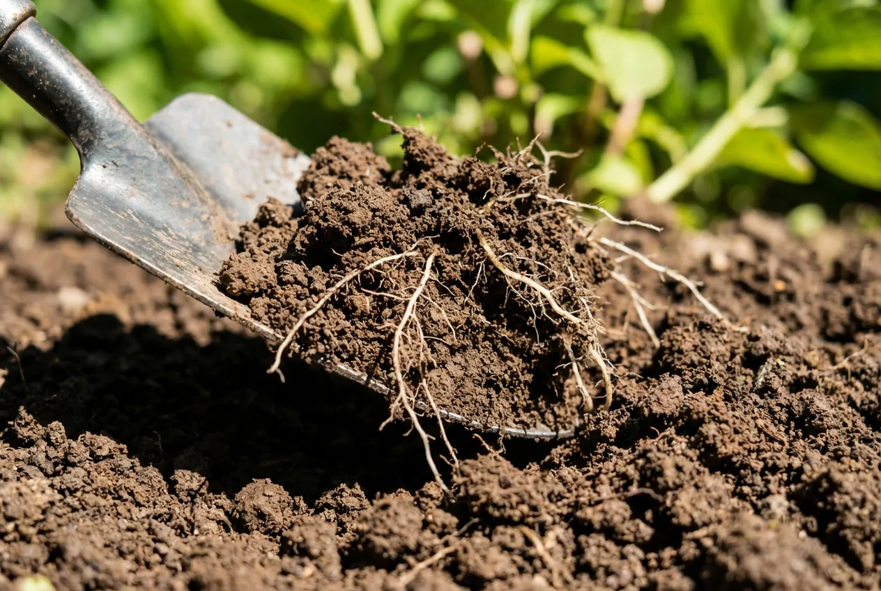 Gros plan sur une truelle de jardinage travaillant la terre autour des racines d'un hortensia.