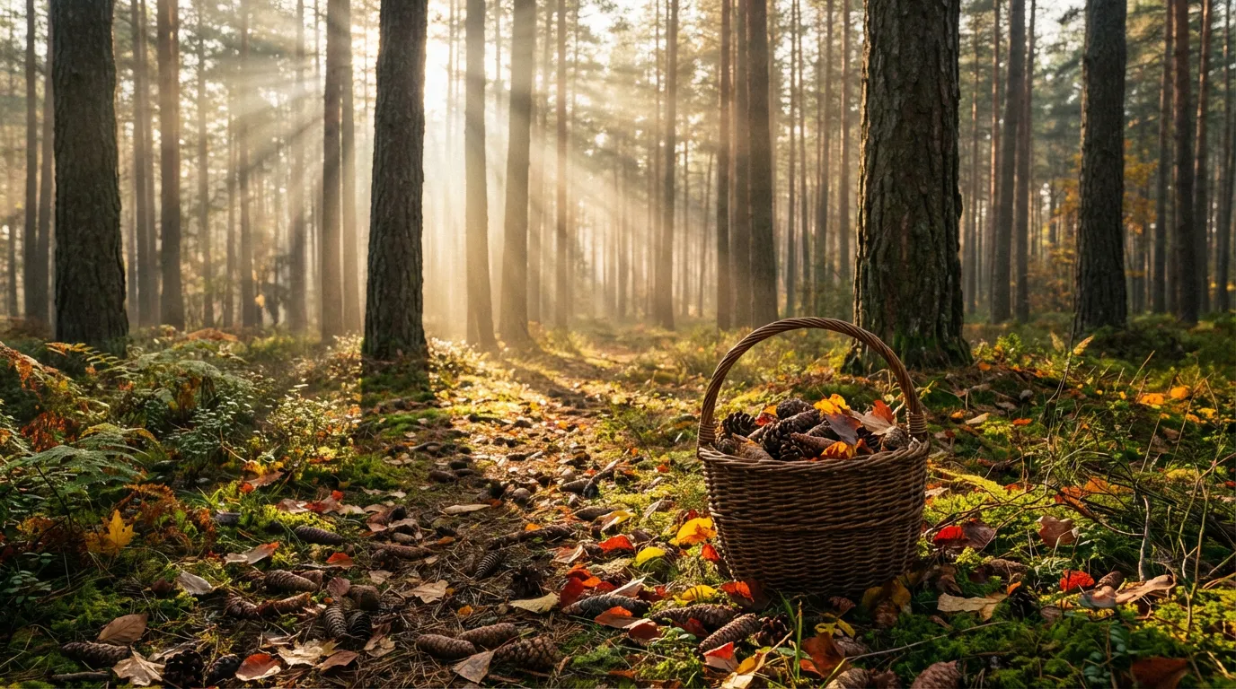 Forêt de pins en automne avec le sol couvert de pommes de pin et un panier de récolte