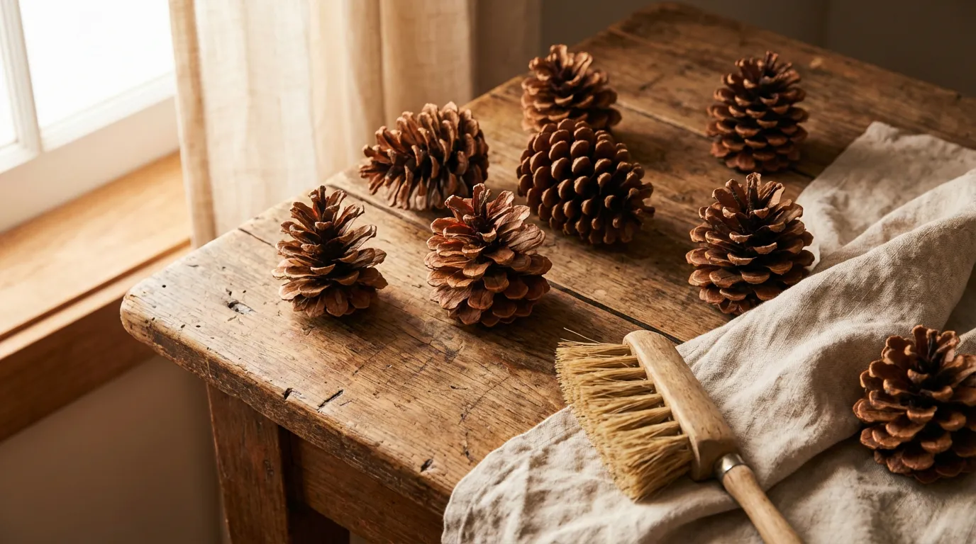 Pommes de pin propres séchant sur une table en bois rustique avec matériel de nettoyage