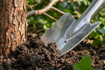 Gros plan sur une pelle de jardinage creusant la terre au pied d'un thuya