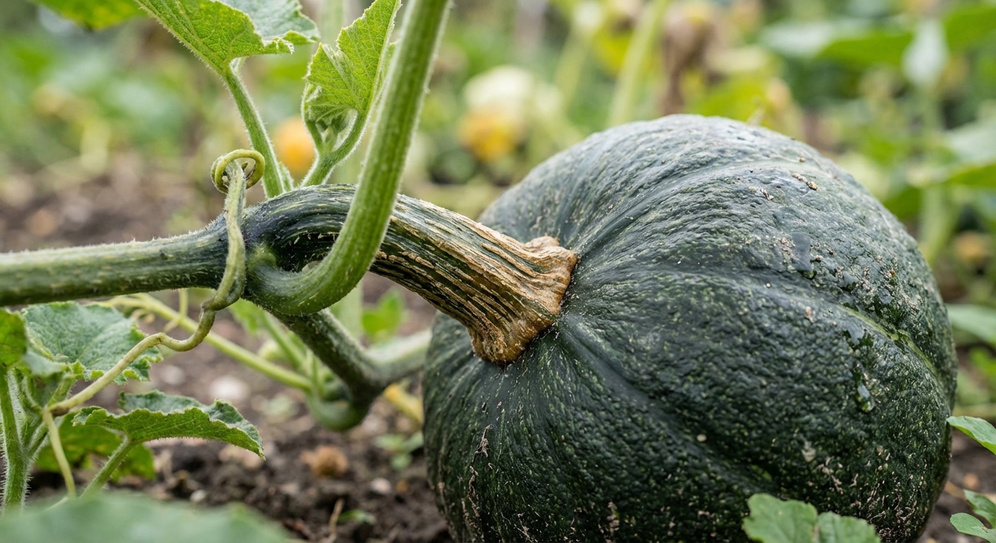 Détail de croissance de la courge butternut Détail macro de la tige et de la peau d'une courge butternut encore verte.