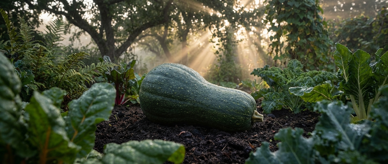 Courge butternut vert foncé au jardin Une courge butternut vert foncé reposant sur la terre dans un jardin brumeux au lever du soleil.