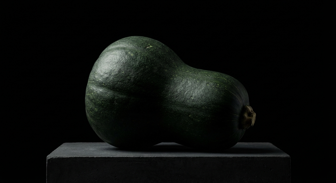 Consommer une courge butternut encore verte foncé Vue minimaliste et contrastée d'une courge butternut vert foncé.