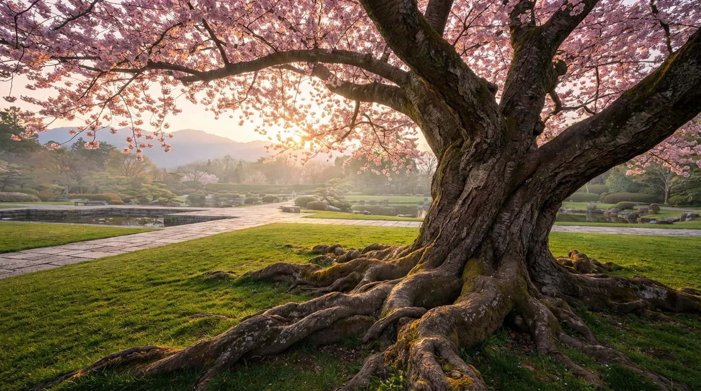Vue panoramique d'un cerisier majestueux en fleurs montrant son système racinaire étendu dans un jardin