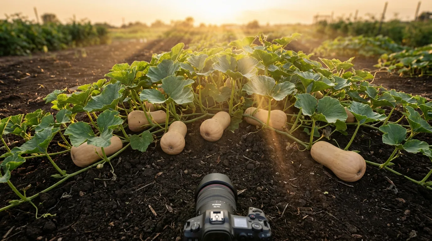 Vue d'ensemble d'un pied de butternut productif avec plusieurs courges au sol dans un potager ensoleillé