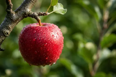 Gros plan artistique sur une pomme rouge mûre accrochée à une branche, symbolisant la production du pommier