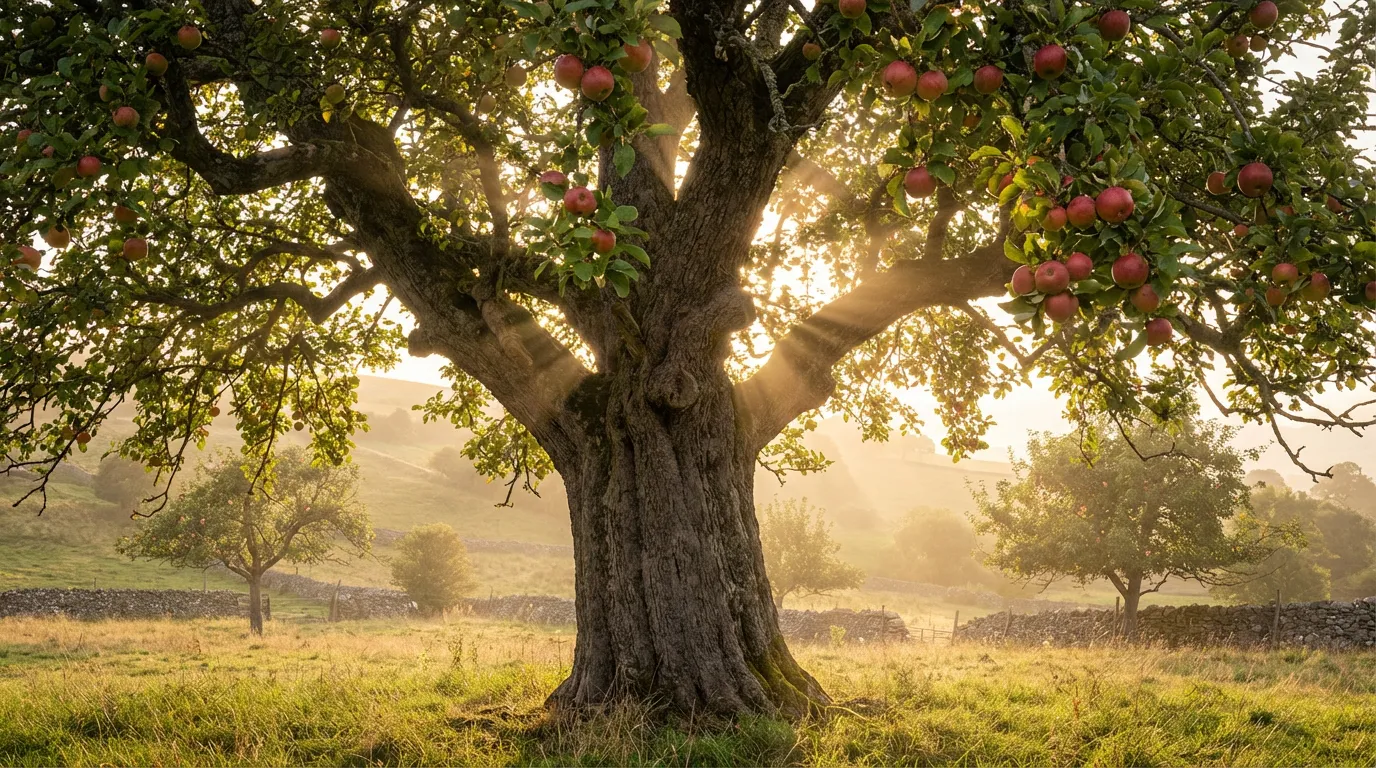 Vieux pommier majestueux dans un verger traditionnel baigné par la lumière dorée du soleil, illustrant la longévité de l'arbre