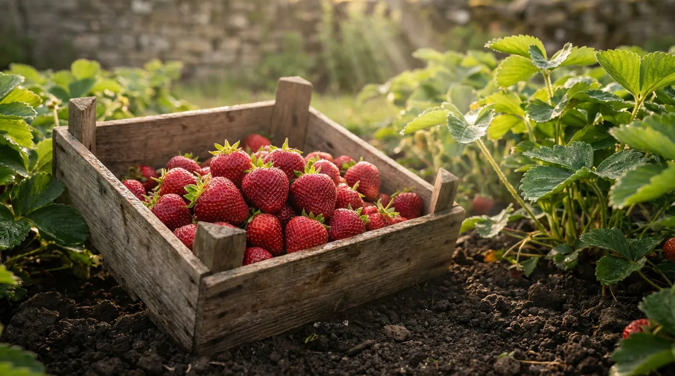 Caisse en bois remplie de fraises Charlotte fraîchement cueillies dans un jardin ensoleillé