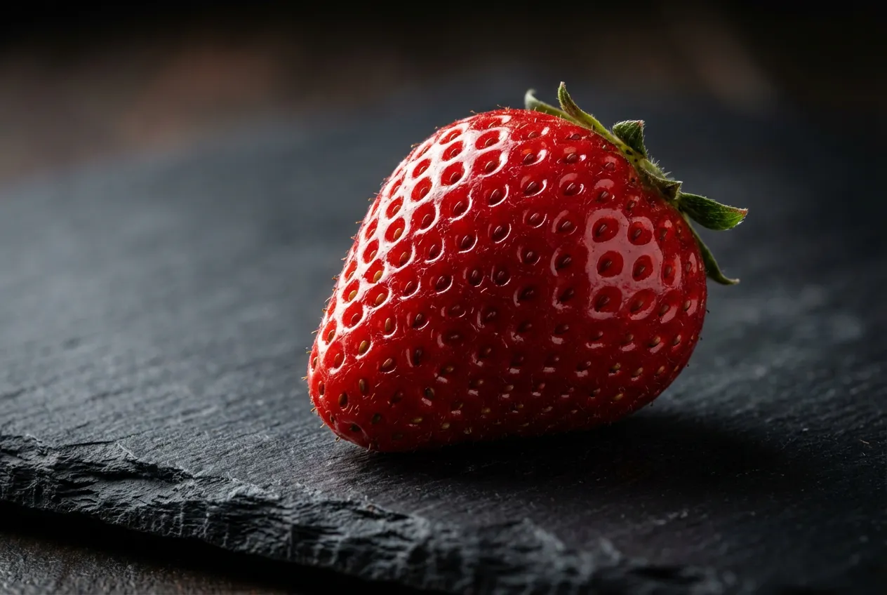 Gros plan macro sur une fraise Charlotte rouge vif et brillante