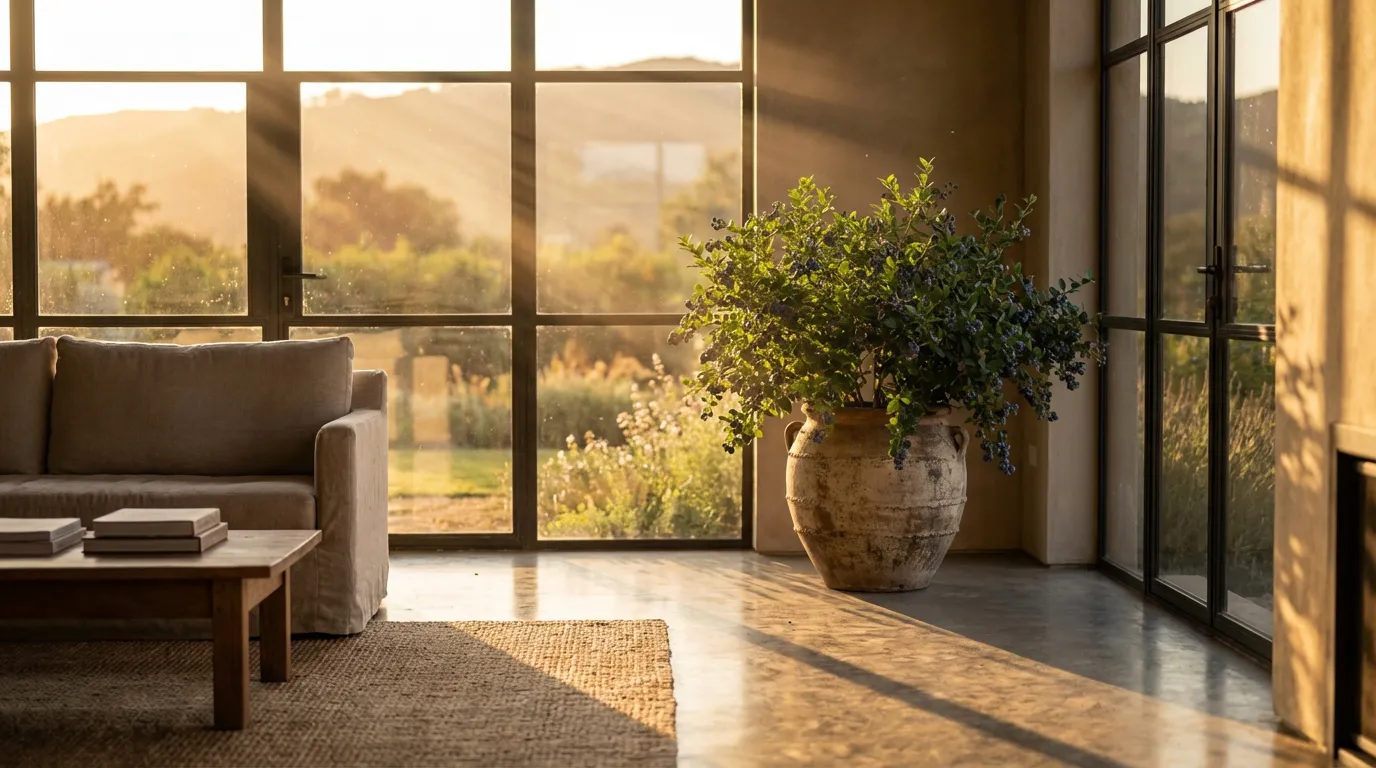 Arbuste de myrtilles luxuriant cultivé en pot dans un salon lumineux et moderne