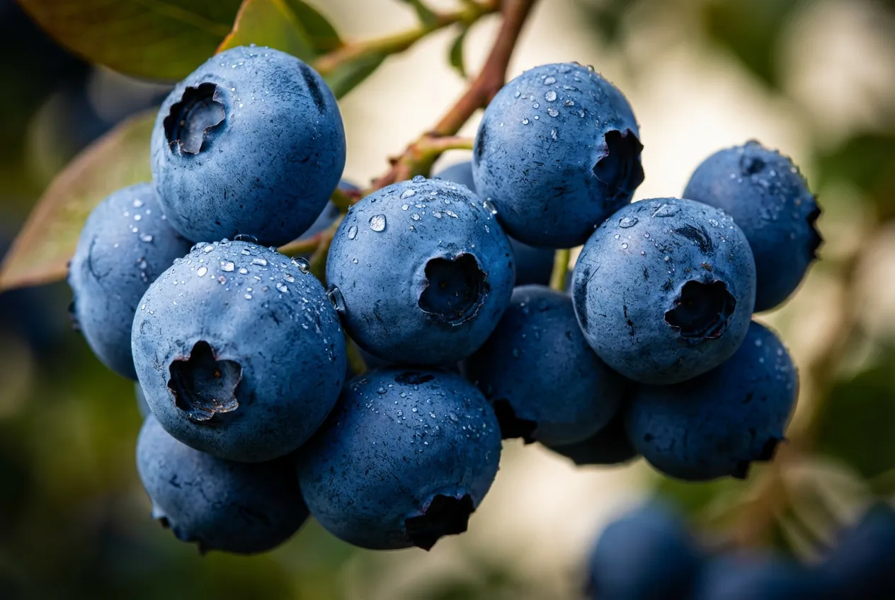 Gros plan macro sur une grappe de myrtilles mûres