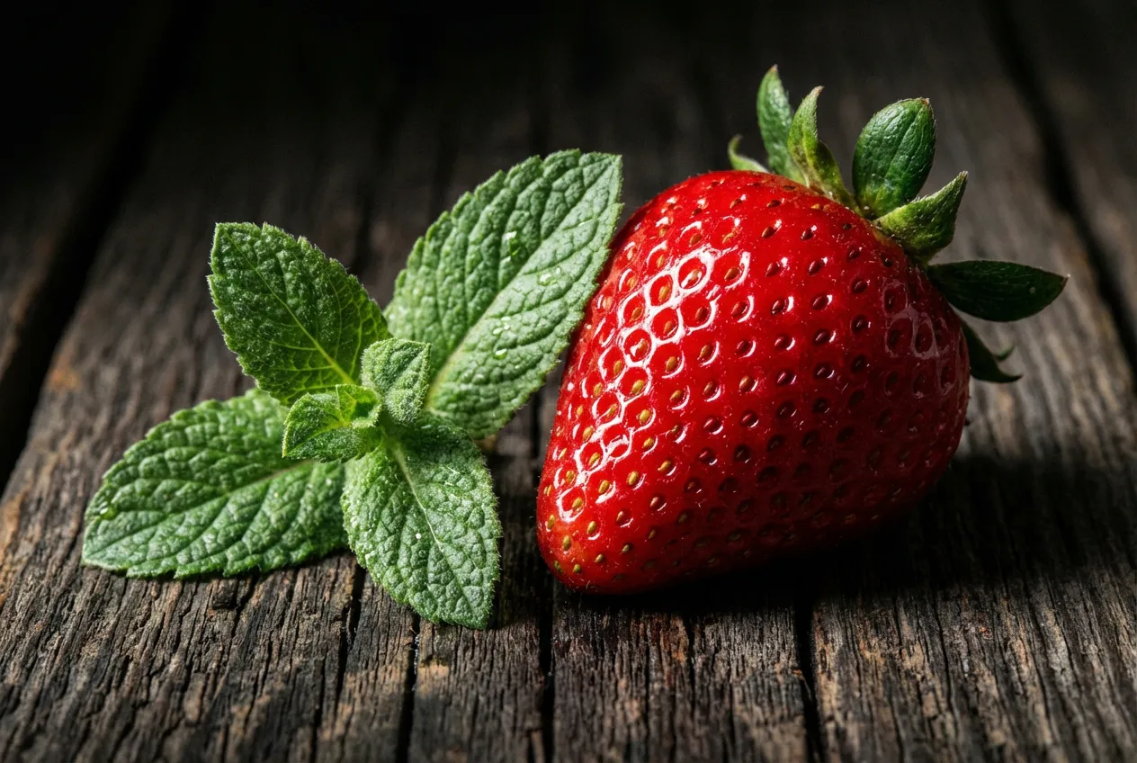 Gros plan artistique montrant une fraise rouge vif et une feuille de menthe fraîche sur fond bois