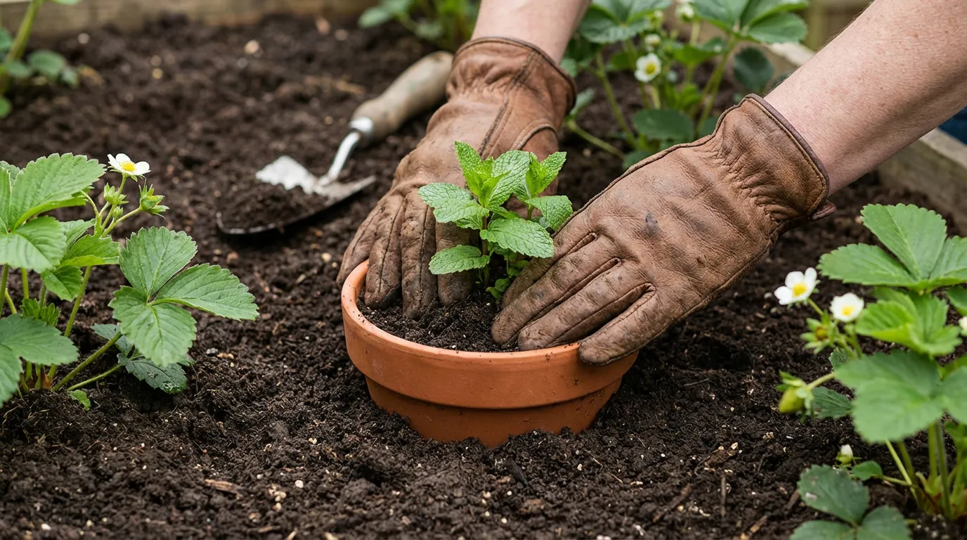 Jardinier plantant de la menthe en pot enterré à côté de pieds de fraisiers pour contrôler les racines