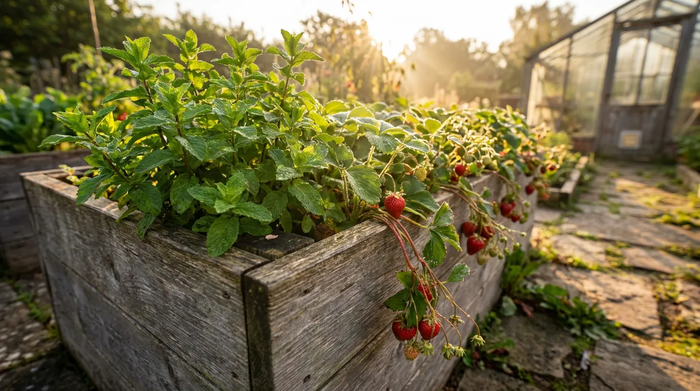 Vue panoramique d'un jardin potager luxuriant avec des fraises rouges mûres et des feuilles de menthe verte baignées de lumière dorée