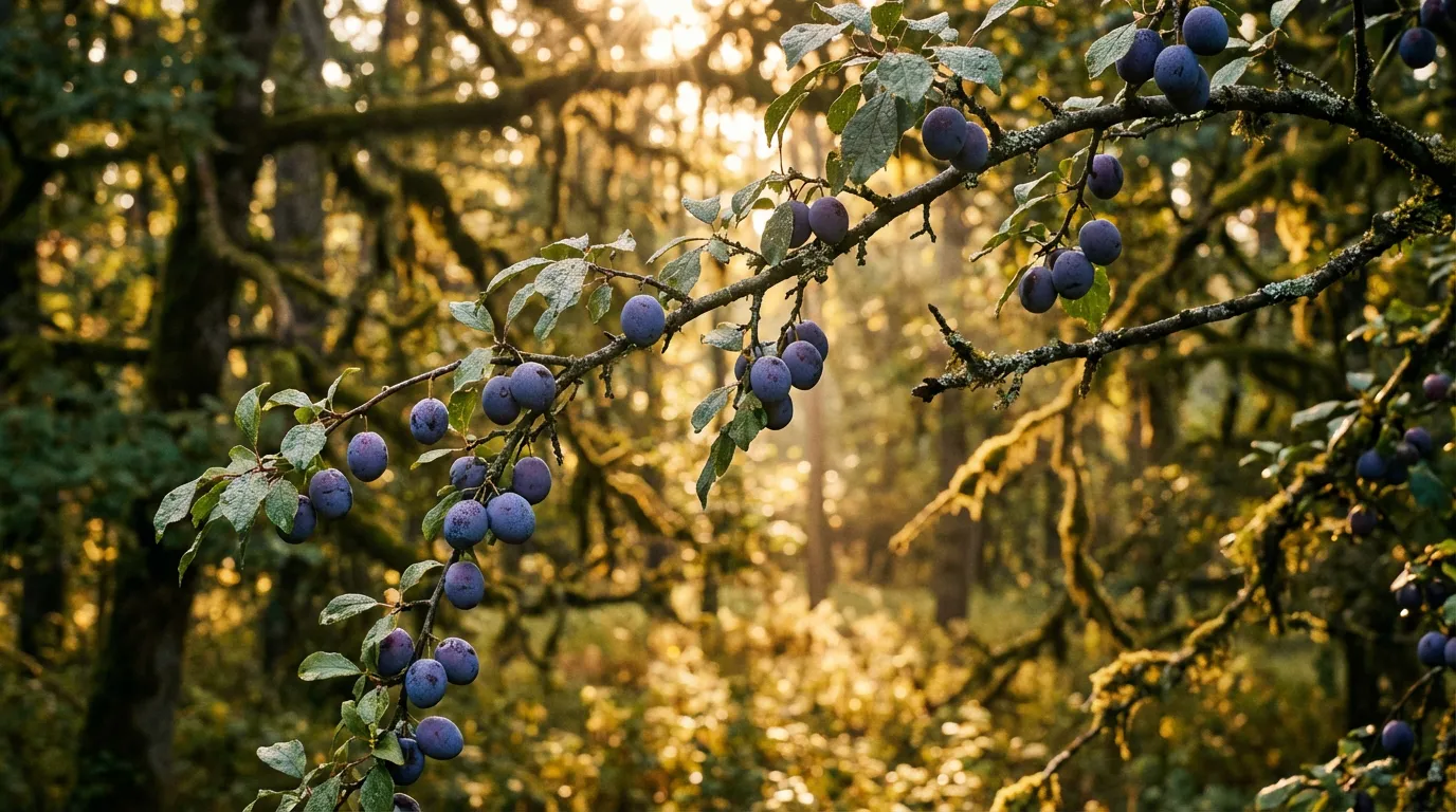 Branche de prunes sauvages en lumière naturelle Branche de prunier sauvage chargée de fruits mûrs violets éclairée par la lumière dorée du soleil en forêt