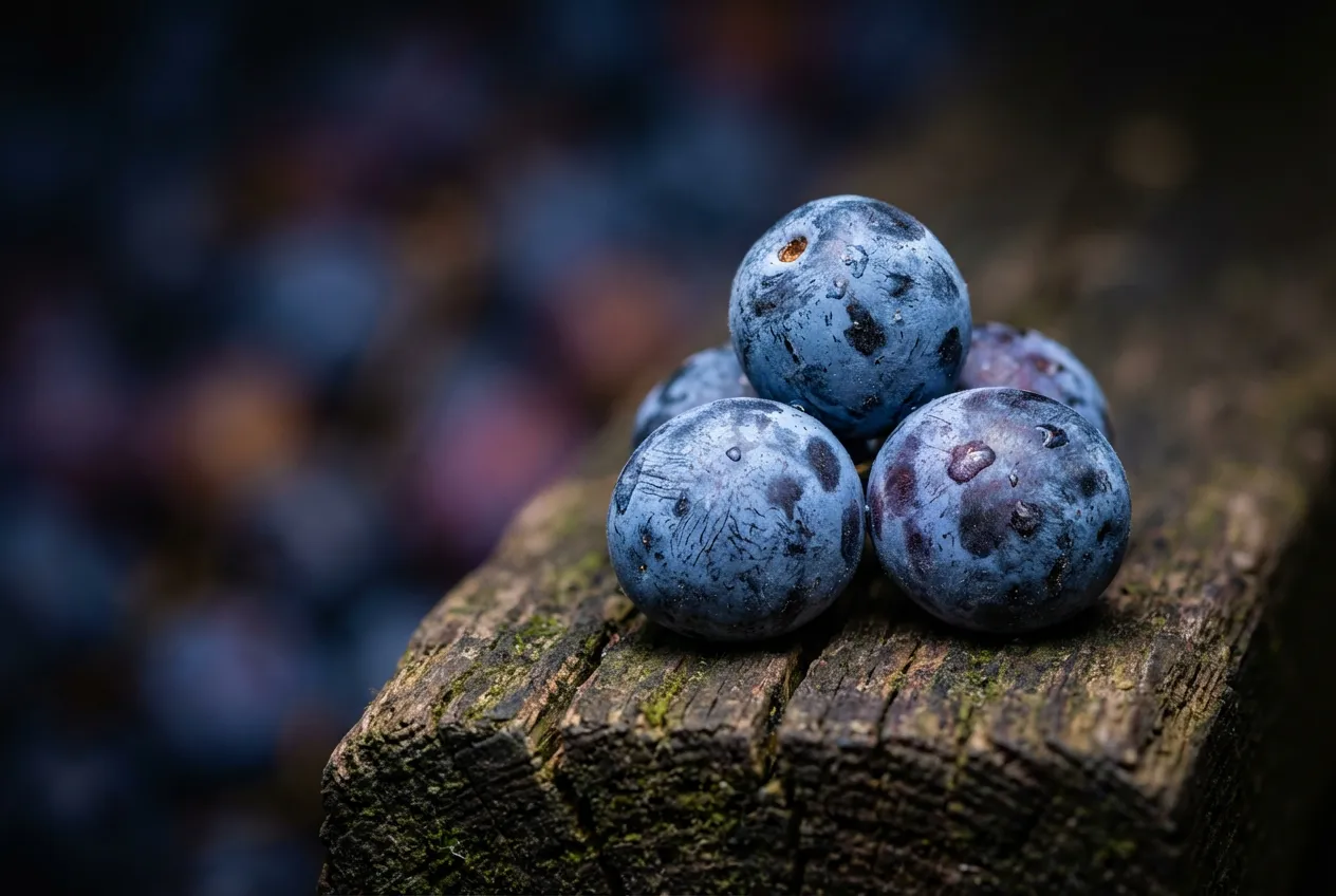 Gros plan macro sur quelques prunes sauvages posées sur du bois avec un fort contraste