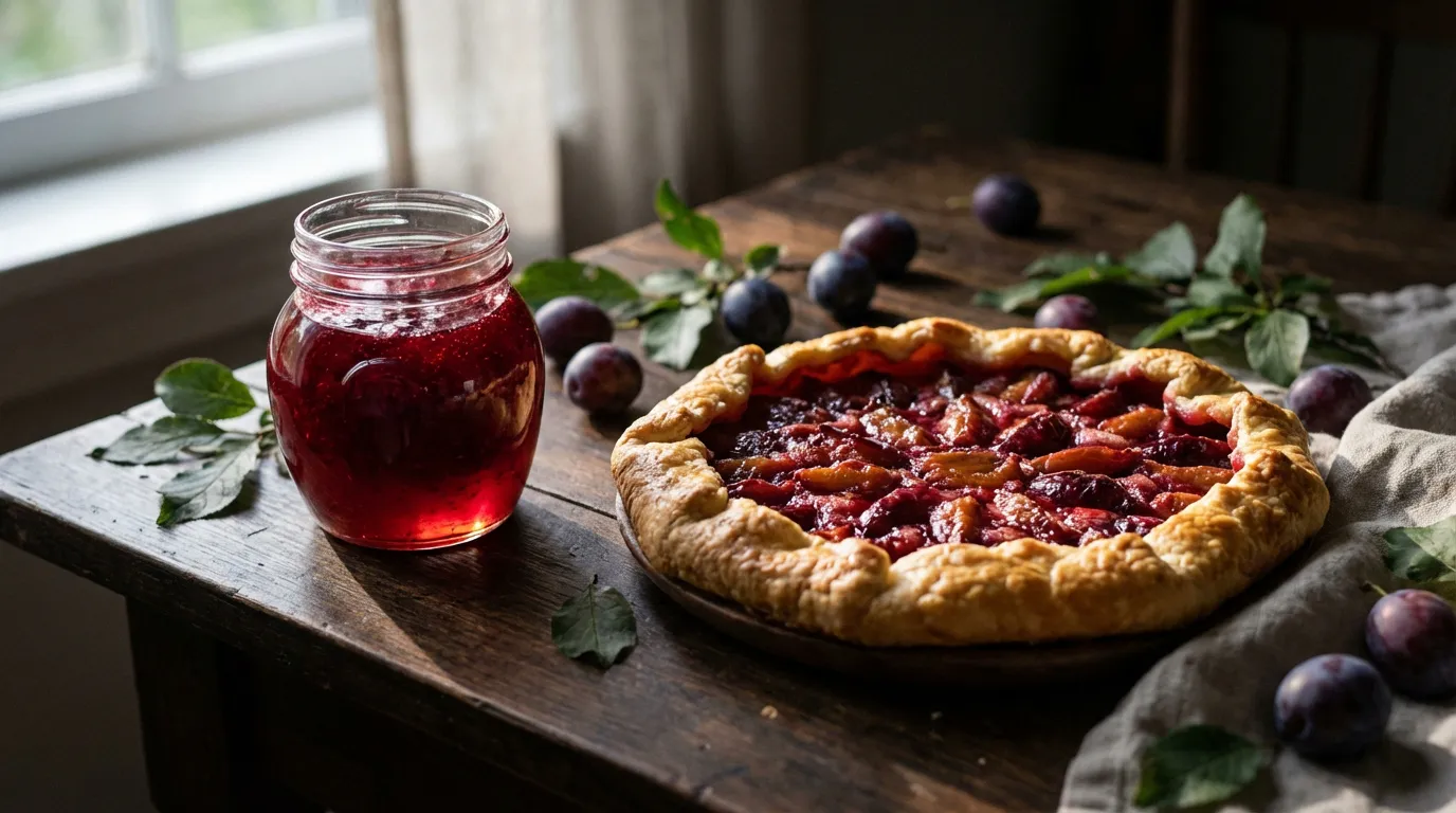Recettes maison à base de prunes sauvages Nature morte gourmande avec une tarte et de la confiture de prunes sauvages sur une table rustique