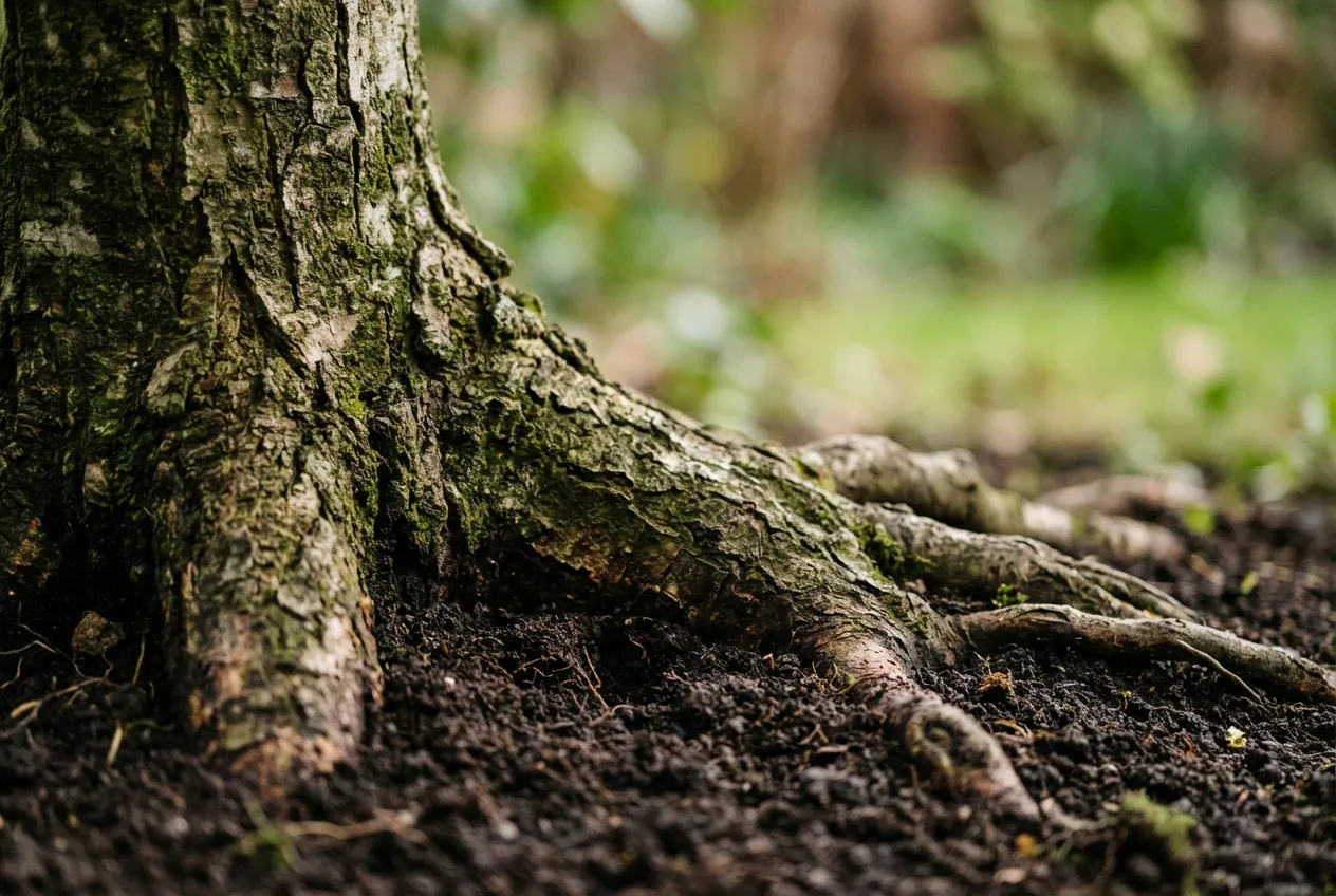 Gros plan sur la base du tronc et les racines superficielles d'un laurier sauce dans la terre