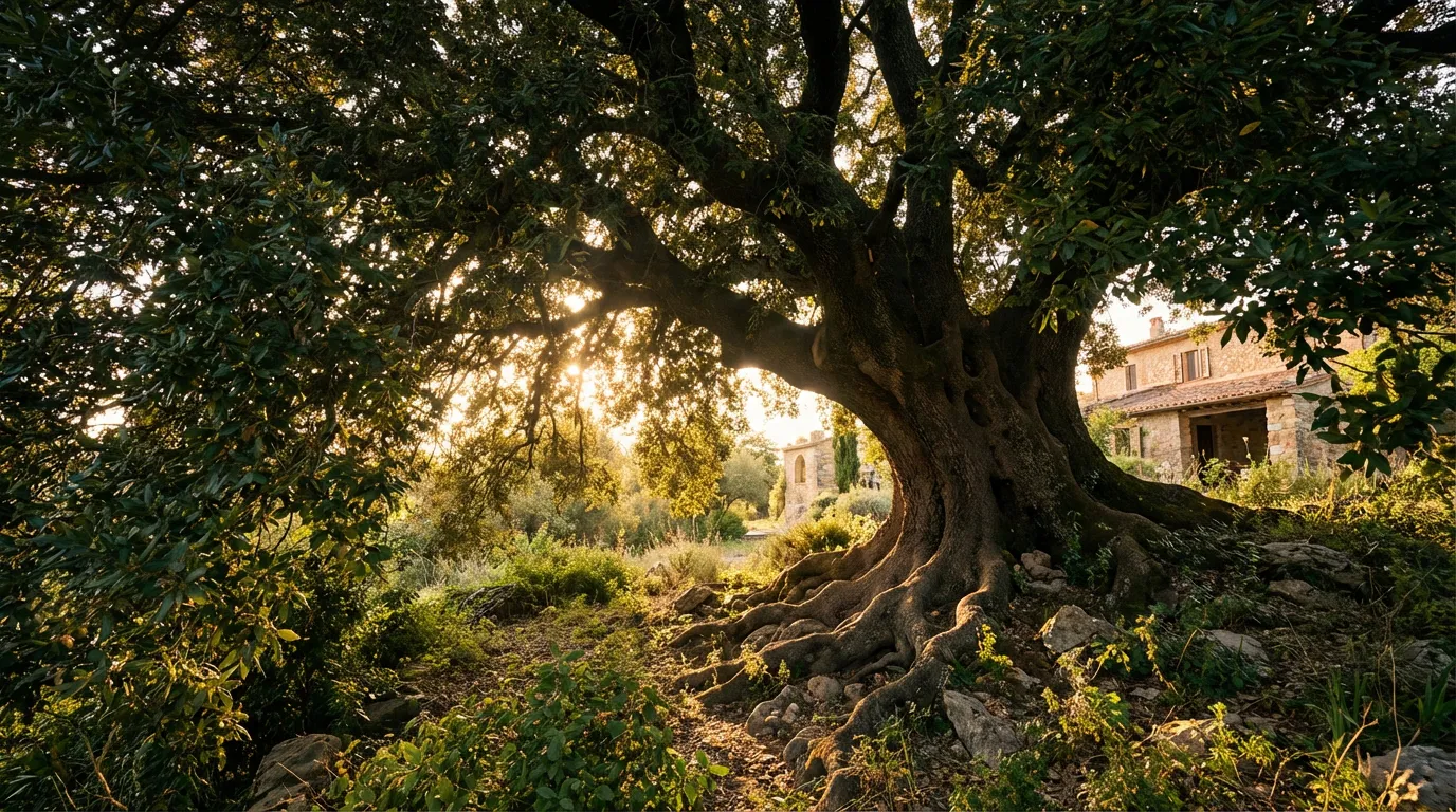 Vue majestueuse d'un grand laurier sauce dans un jardin méditerranéen au coucher du soleil avec racines apparentes