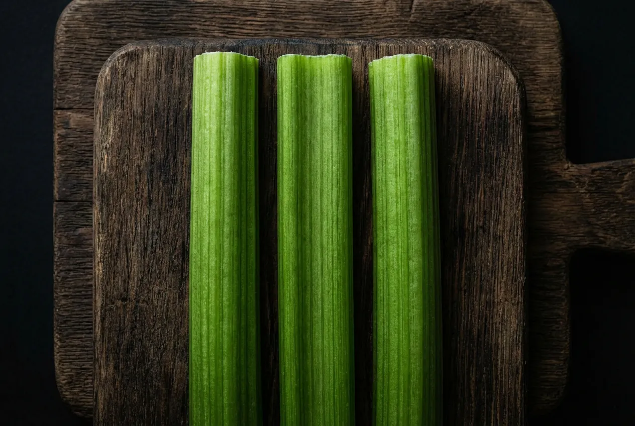 Gros plan sur des tiges de rhubarbe verte fraîchement coupées posées sur une table en bois sombre