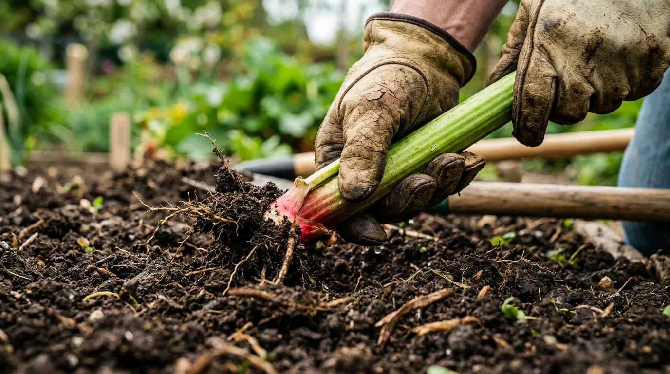 Mains d'un jardinier récoltant avec soin une tige de rhubarbe verte à la base du plant
