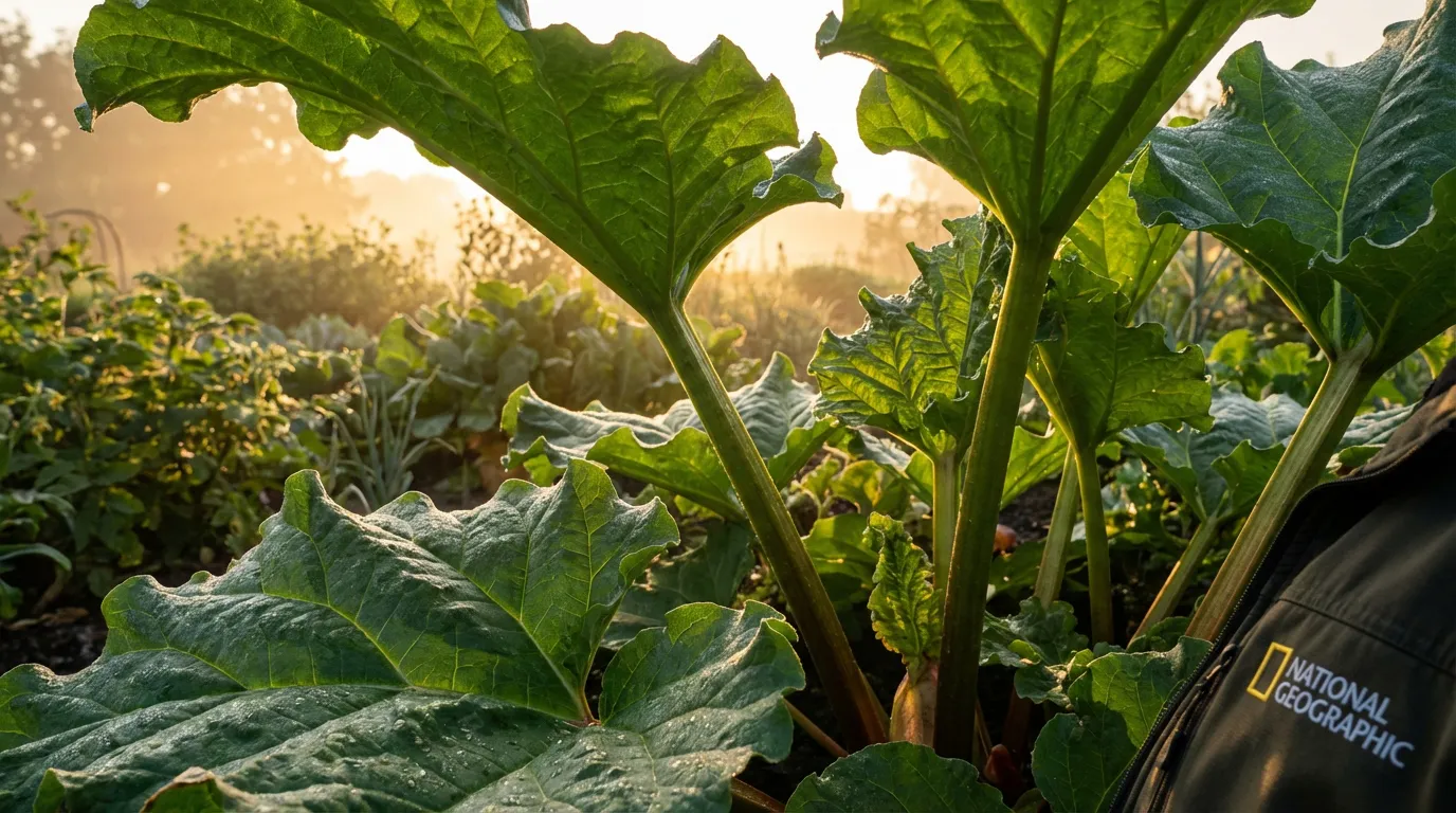 Vue panoramique d'un jardin potager luxuriant avec des plants de rhubarbe verte baignés par la lumière dorée du soleil